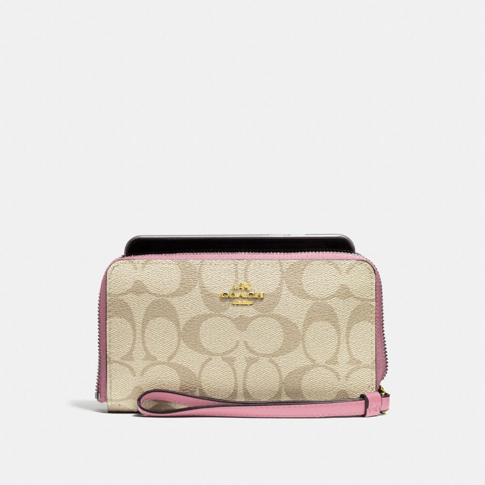 COACH F57468 PHONE WALLET IN SIGNATURE CANVAS LIGHT KHAKI/VINTAGE PINK/LIGHT GOLD