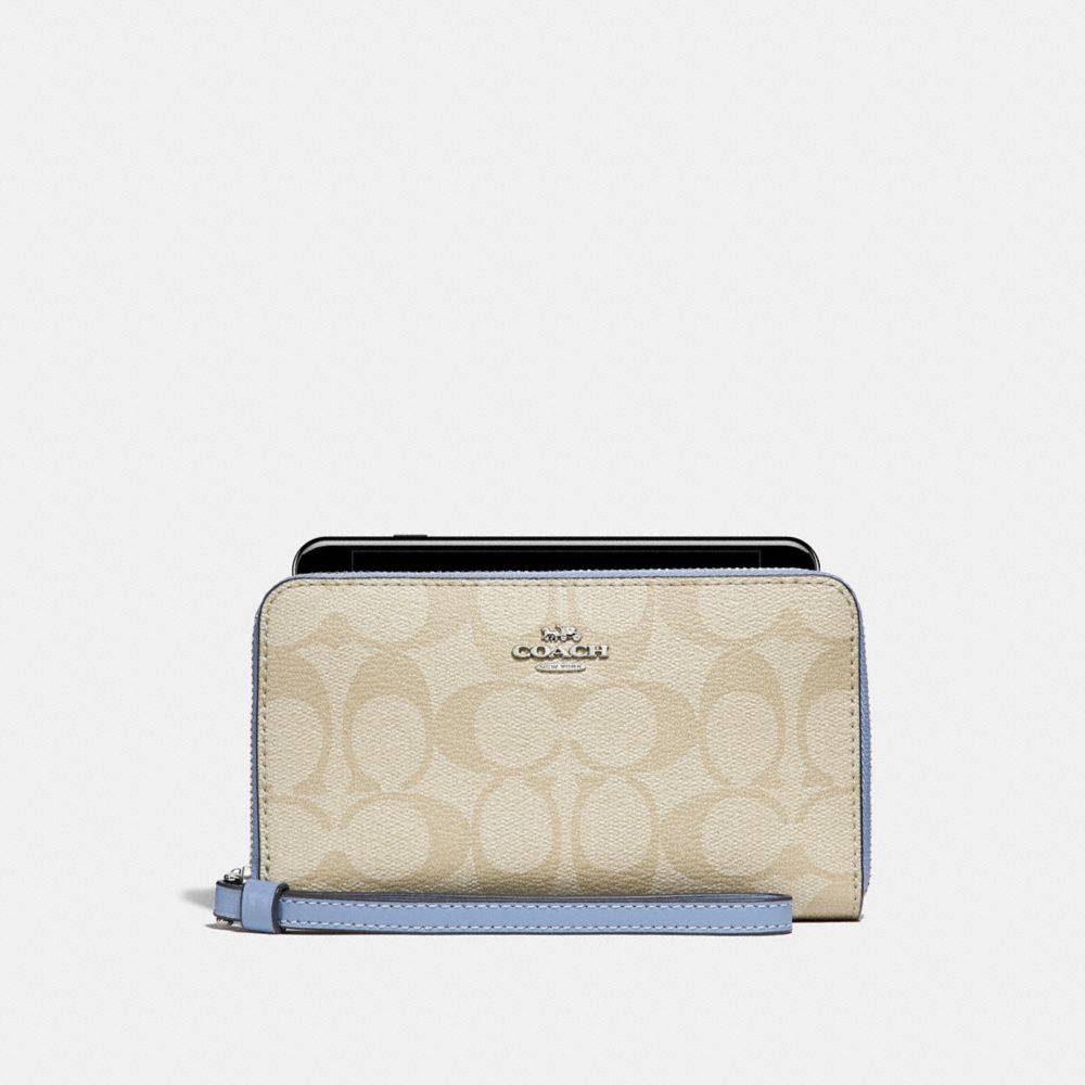 COACH F57468 Phone Wallet In Signature Canvas LIGHT KHAKI/POOL/SILVER