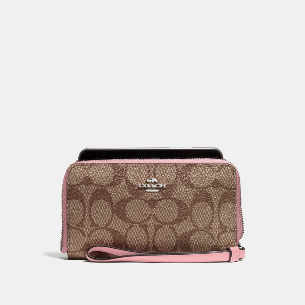 COACH PHONE WALLET IN SIGNATURE CANVAS - KHAKI/BLUSH 2/SILVER - F57468