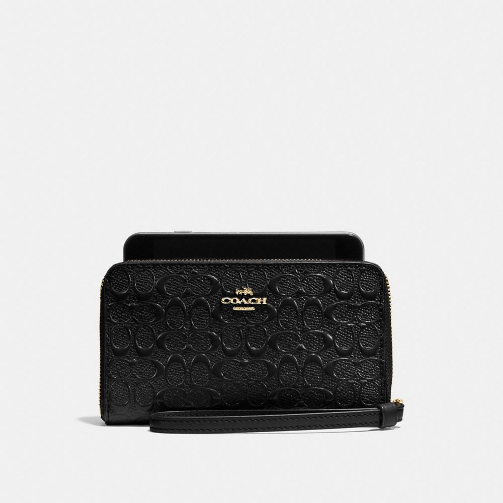 PHONE WALLET IN SIGNATURE DEBOSSED PATENT LEATHER - COACH f57469  - IMITATION GOLD/BLACK