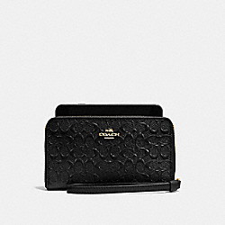 PHONE WALLET IN SIGNATURE DEBOSSED PATENT LEATHER - COACH f57469 - IMITATION GOLD/BLACK