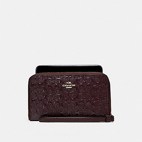 COACH F57469 PHONE WALLET IN SIGNATURE DEBOSSED PATENT LEATHER LIGHT-GOLD/OXBLOOD-1