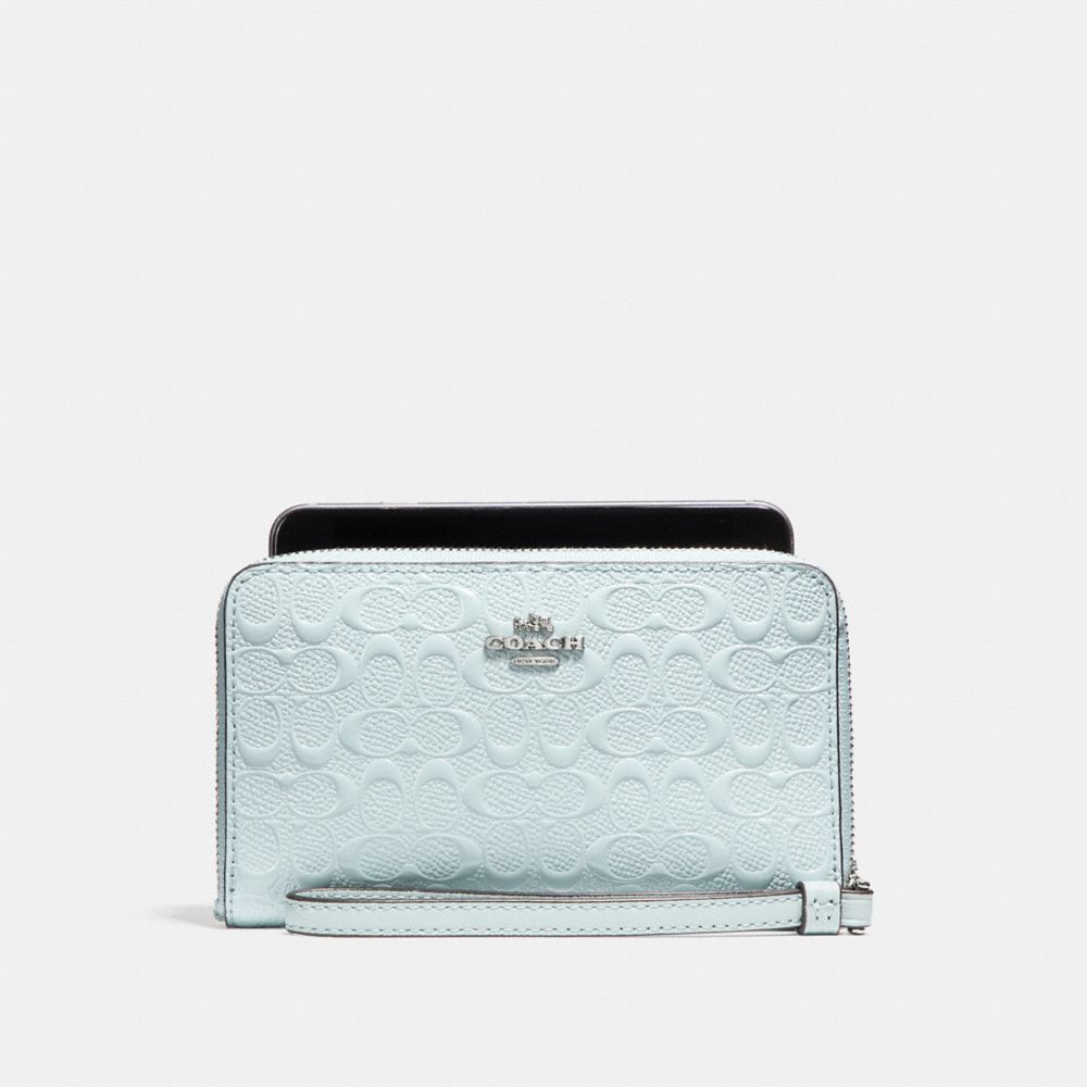 COACH f57469 PHONE WALLET IN SIGNATURE DEBOSSED PATENT LEATHER SILVER/AQUA