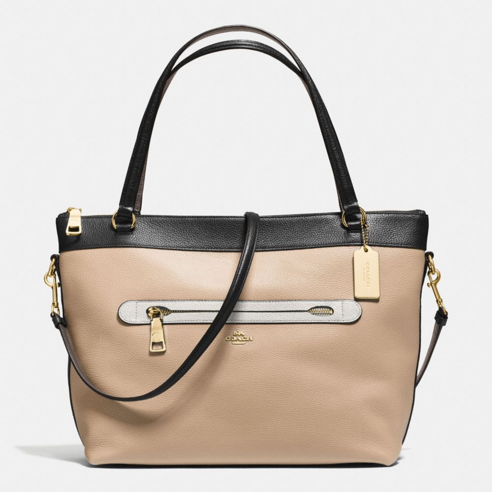 TYLER TOTE IN GEOMETRIC COLORBLOCK POLISHED PEBBLE LEATHER - f57496 - IMITATION GOLD/BEECHWOOD/CHALK MULTI