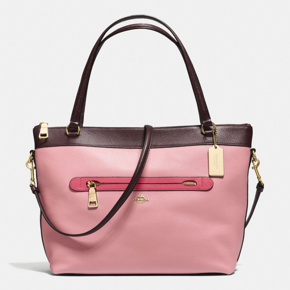 COACH TYLER TOTE IN GEOMETRIC COLORBLOCK POLISHED PEBBLE LEATHER - IMITATION GOLD/STRAWBERRY/OXBLOOD MULTI - F57496