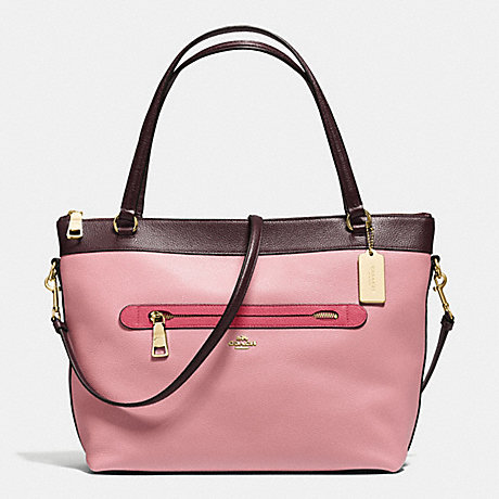COACH F57496 TYLER TOTE IN GEOMETRIC COLORBLOCK POLISHED PEBBLE LEATHER IMITATION-GOLD/STRAWBERRY/OXBLOOD-MULTI