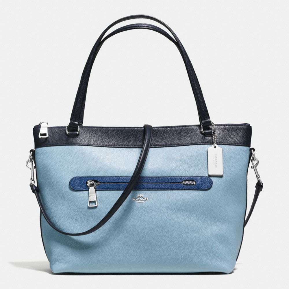 COACH F57496 - TYLER TOTE IN GEOMETRIC COLORBLOCK POLISHED PEBBLE LEATHER SILVER/MIDNIGHT BLUE MULTI