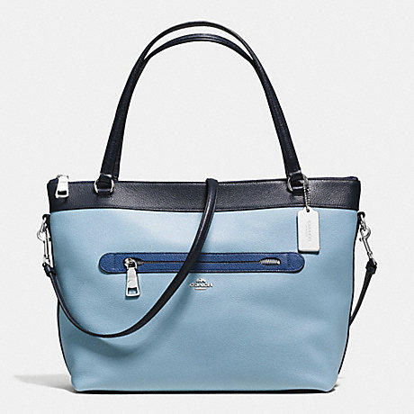 COACH f57496 TYLER TOTE IN GEOMETRIC COLORBLOCK POLISHED PEBBLE LEATHER SILVER/MIDNIGHT BLUE MULTI