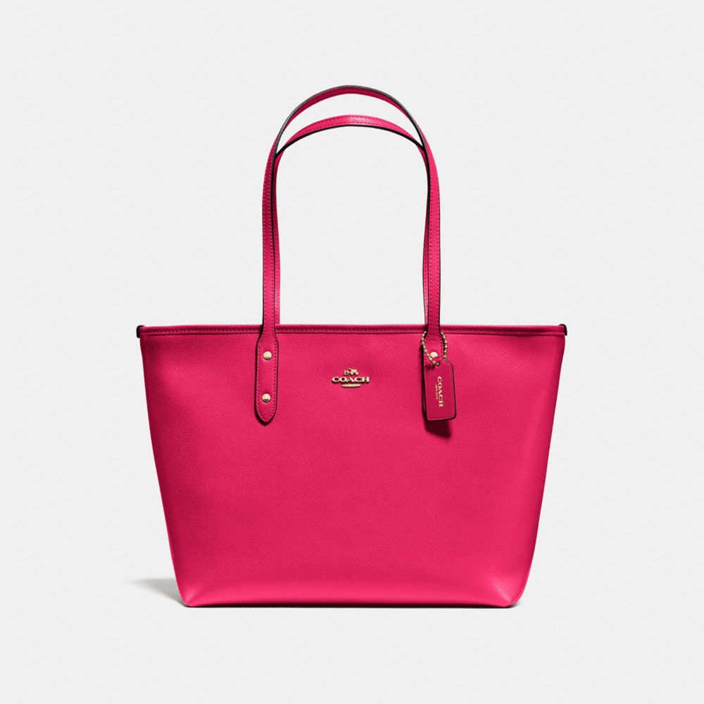 COACH F57522 CITY ZIP TOTE IN CROSSGRAIN LEATHER IMITATION-GOLD/BRIGHT-PINK