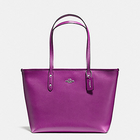 COACH F57522 CITY ZIP TOTE IN CROSSGRAIN LEATHER SILVER/HYACINTH