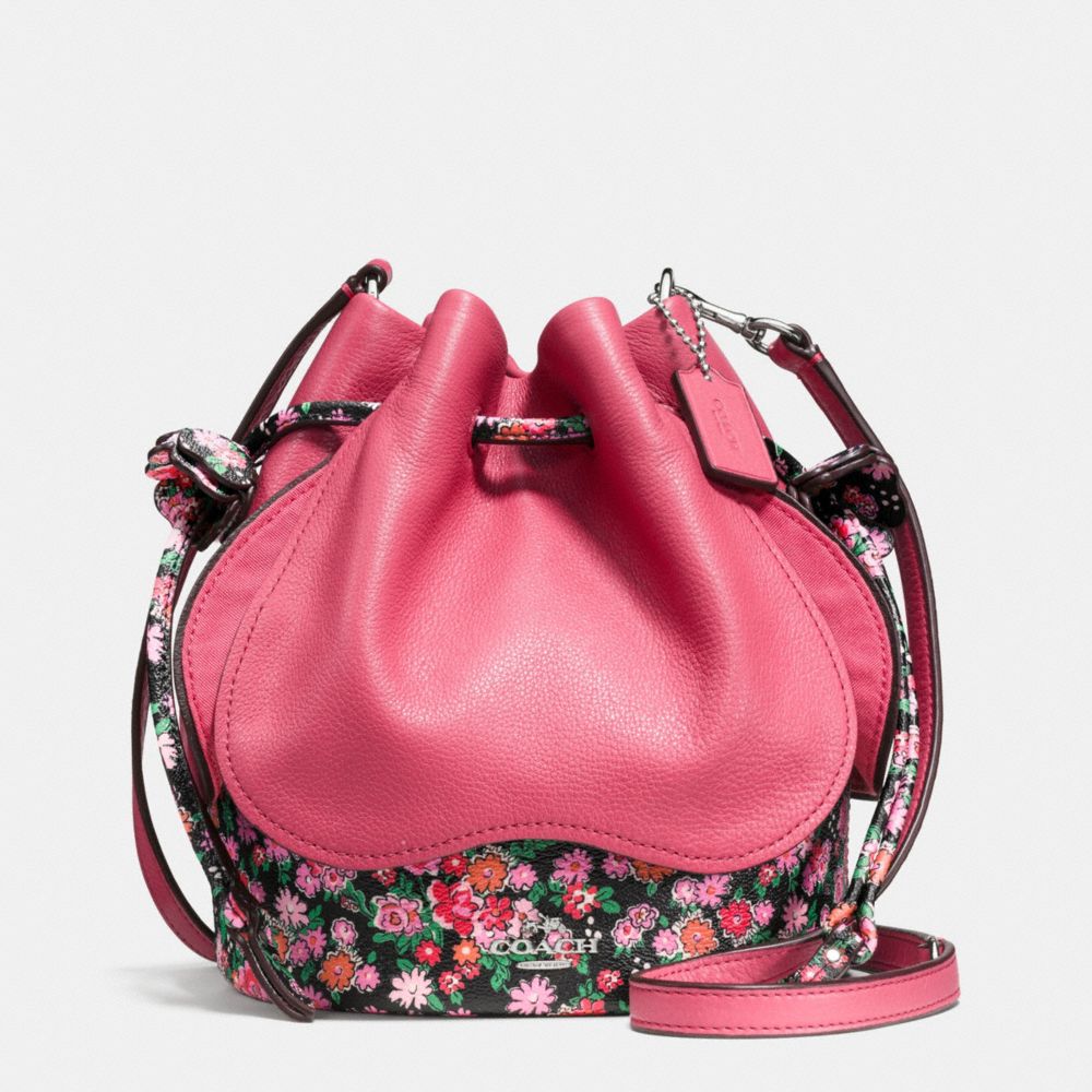 COACH F57544 PETAL BAG IN LEATHER FLORAL MIX SILVER/STRAWBERRY-PINK