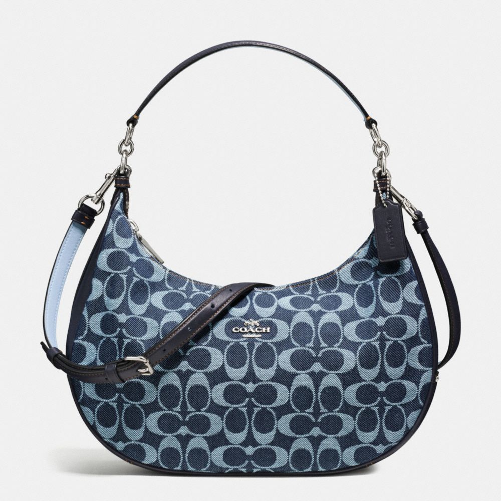 COACH F57553 Harley East/west Hobo In Signature Denim And Leather SILVER/LIGHT DENIM