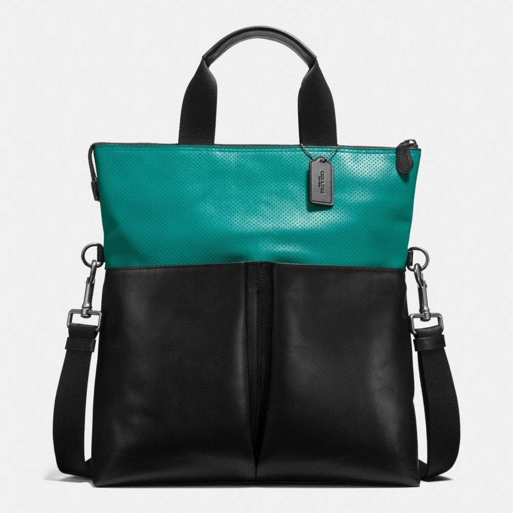 COACH F57569 CHARLES FOLDOVER TOTE IN PERFORATED LEATHER SEAGREEN/BLACK