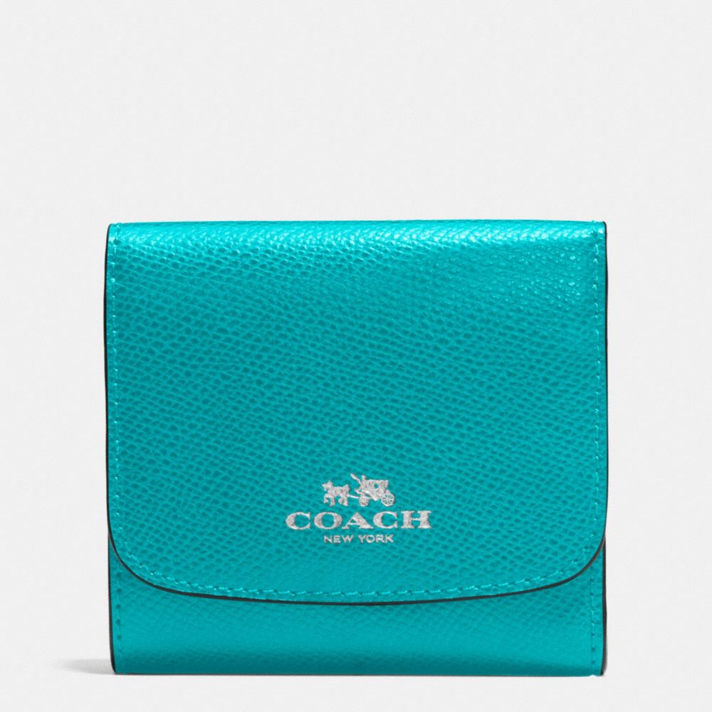 COACH F57584 Small Wallet In Crossgrain Leather SILVER/TURQUOISE