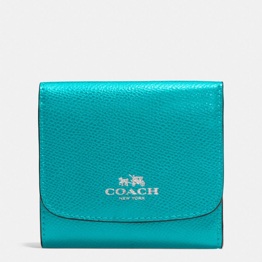 COACH f57584 SMALL WALLET IN CROSSGRAIN LEATHER SILVER/TURQUOISE