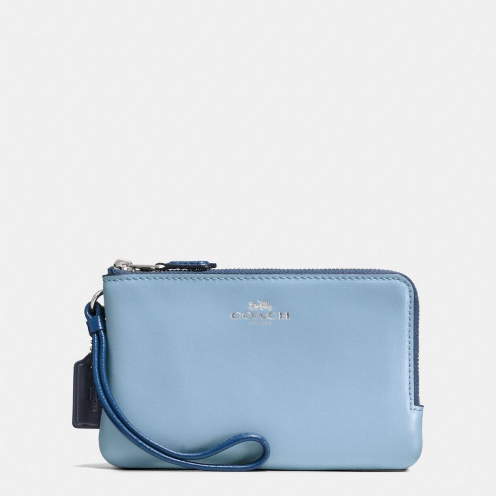 COACH f57585 DOUBLE CORNER ZIP WALLET IN COLORBLOCK LEATHER AND SIGNATURE SILVER/KHAKI/BLUE MULTI