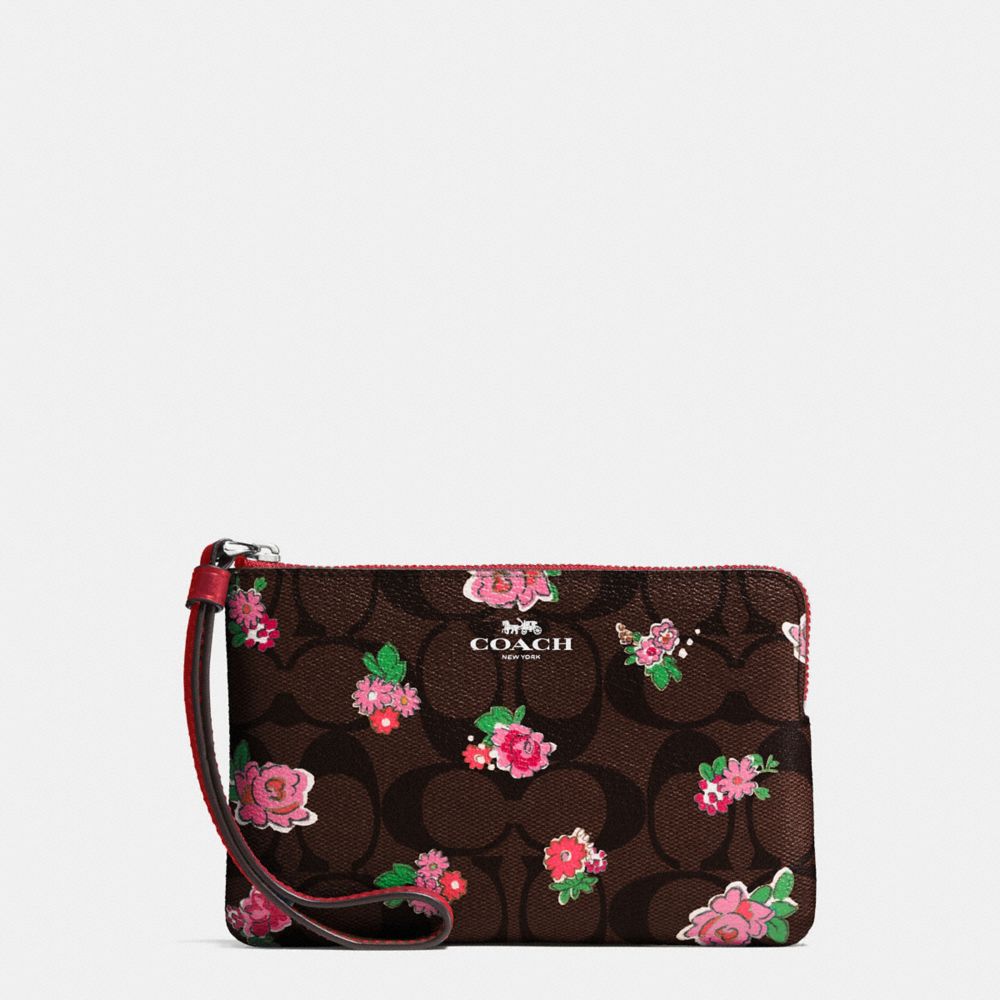 COACH F57588 Corner Zip Wristlet In Floral Logo Print Coated Canvas SILVER/BROWN RED MULTI