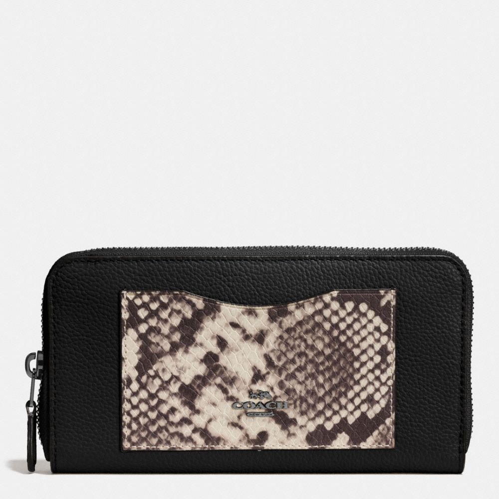 COACH f57590 ACCORDION ZIP WALLET WITH SNAKE EMBOSSED LEATHER TRIM ANTIQUE NICKEL/BLACK MULTI