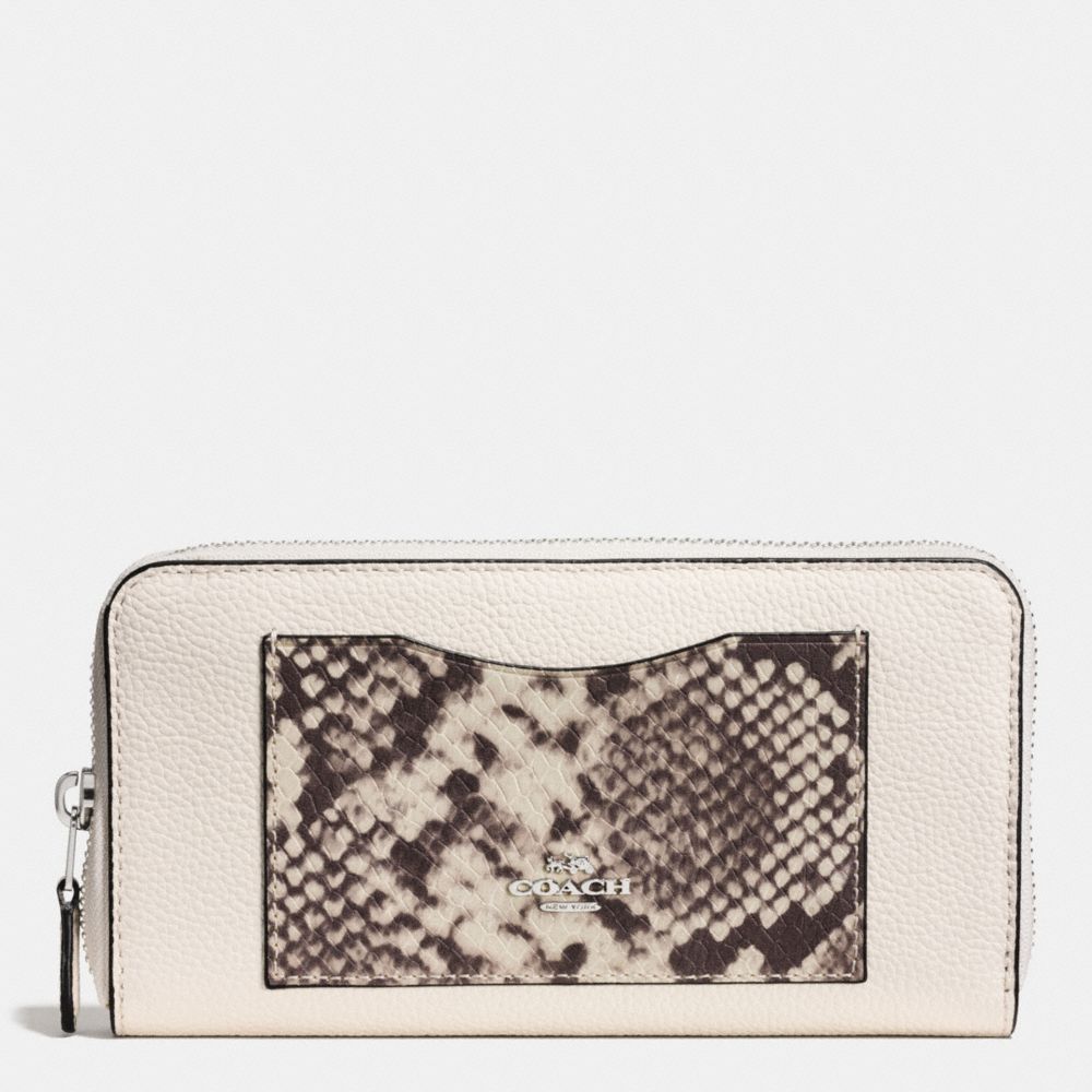 COACH f57590 ACCORDION ZIP WALLET WITH SNAKE EMBOSSED LEATHER TRIM SILVER/CHALK MULTI