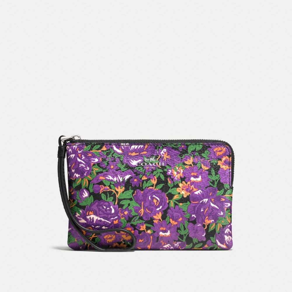 COACH F57595 Corner Zip Wristlet In Rose Meadow Floral Print Coated Canvas SILVER/VIOLET MULTI