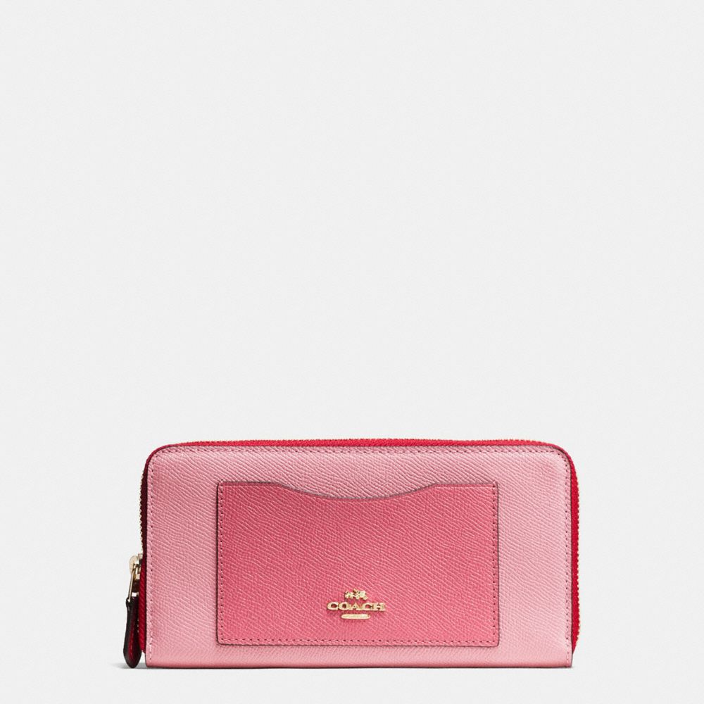 COACH f57605 ACCORDION ZIP WALLET IN GEOMETRIC COLORBLOCK CROSSGRAIN LEATHER IMITATION GOLD/STRAWBERRY/OXBLOOD MULTI