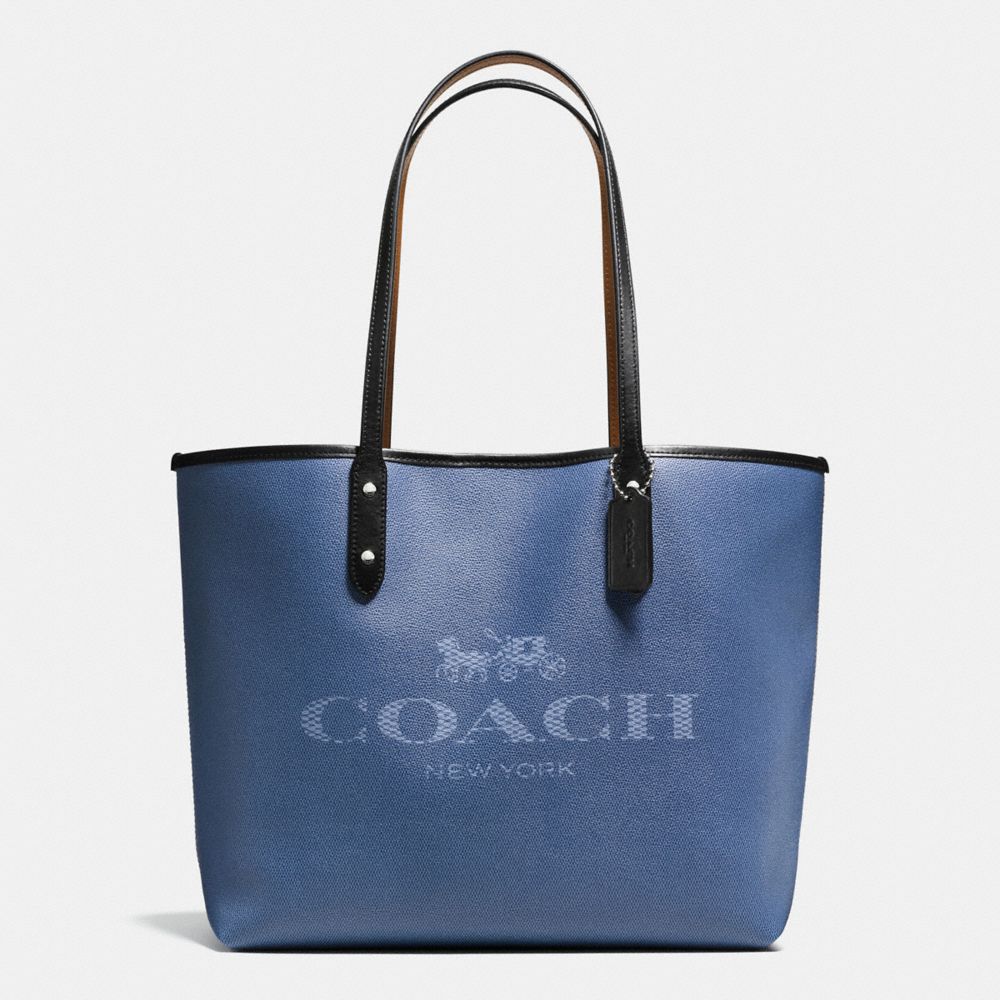 COACH F57634 CITY TOTE IN DENIM WITH HORSE AND CARRIAGE SILVER/DENIM-BLACK-MULTI
