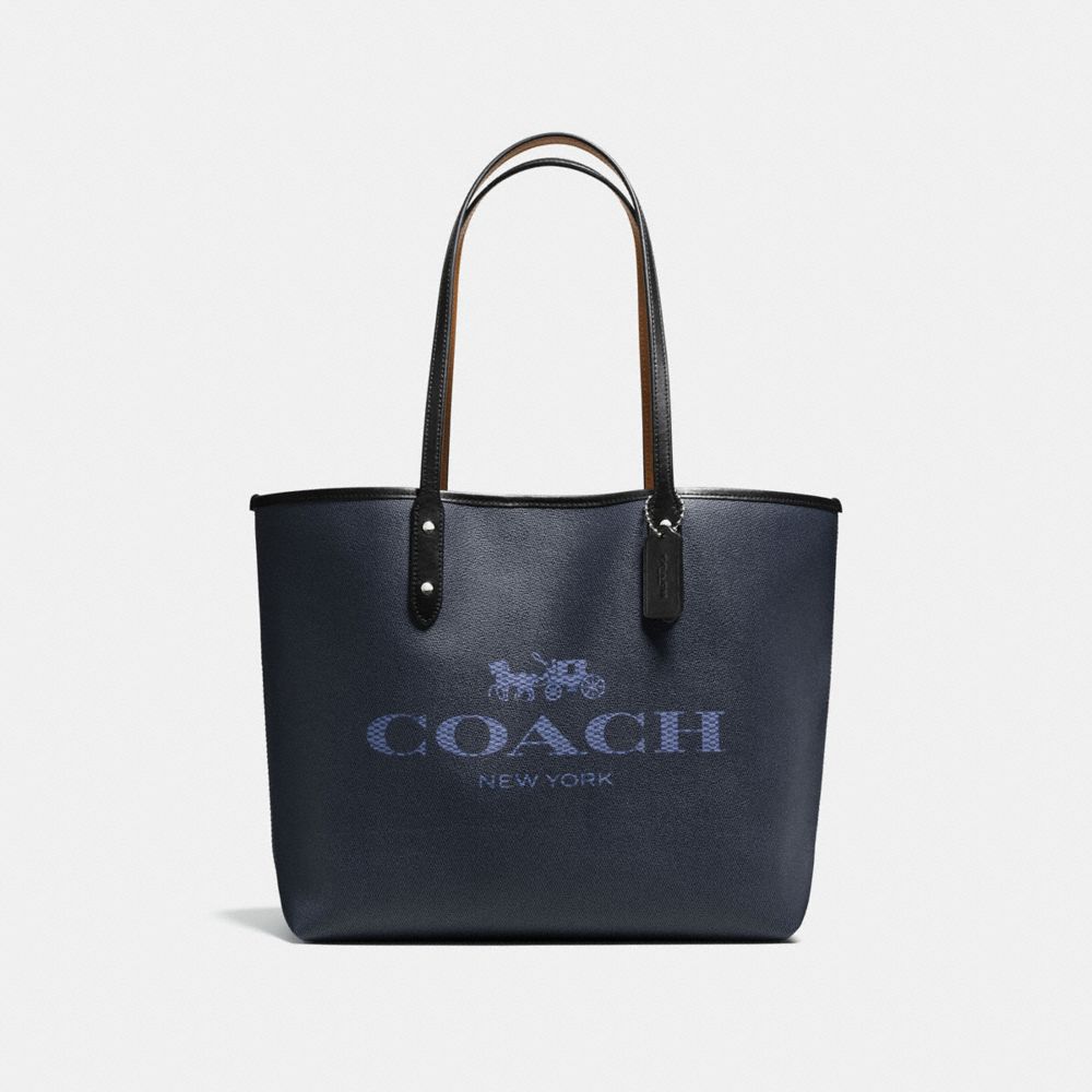 COACH F57634 CITY TOTE IN DENIM WITH HORSE AND CARRIAGE SILVER/DARK-DENIM-PINK-MULTI