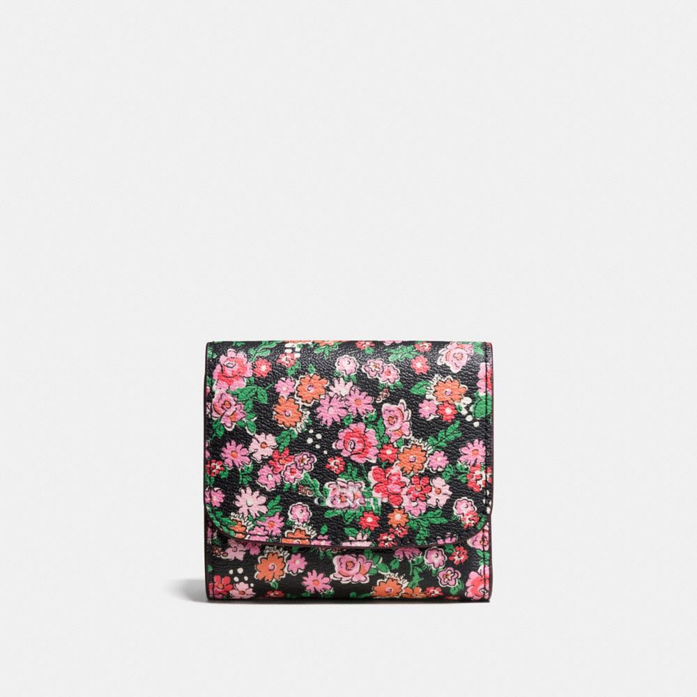COACH F57642 Small Wallet In Posey Cluster Floral Print Coated Canvas SILVER/PINK MULTI