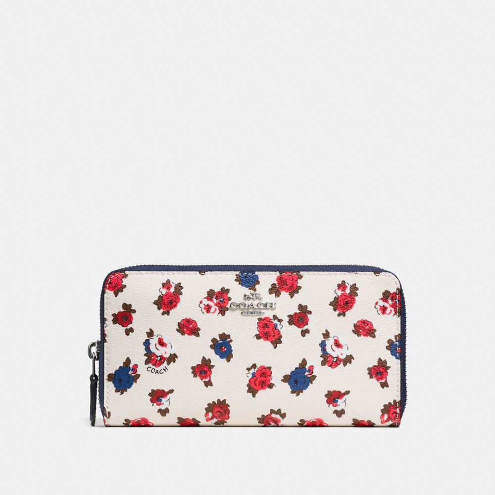 COACH ACCORDION ZIP WALLET WITH TEA ROSE FLORAL PRINT - CHALK MULTI/SILVER - F57649