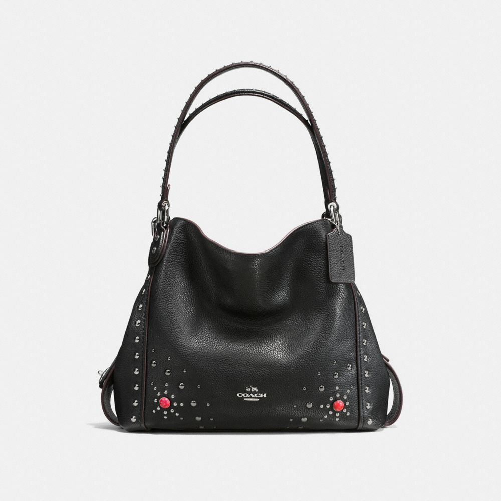 COACH EDIE SHOULDER BAG 31 IN POLISHED PEBBLE LEATHER WITH WESTERN RIVETS - SILVER/BLACK - F57660
