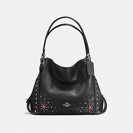 COACH EDIE SHOULDER BAG 31 IN POLISHED PEBBLE LEATHER WITH WESTERN RIVETS - SILVER/BLACK - f57660