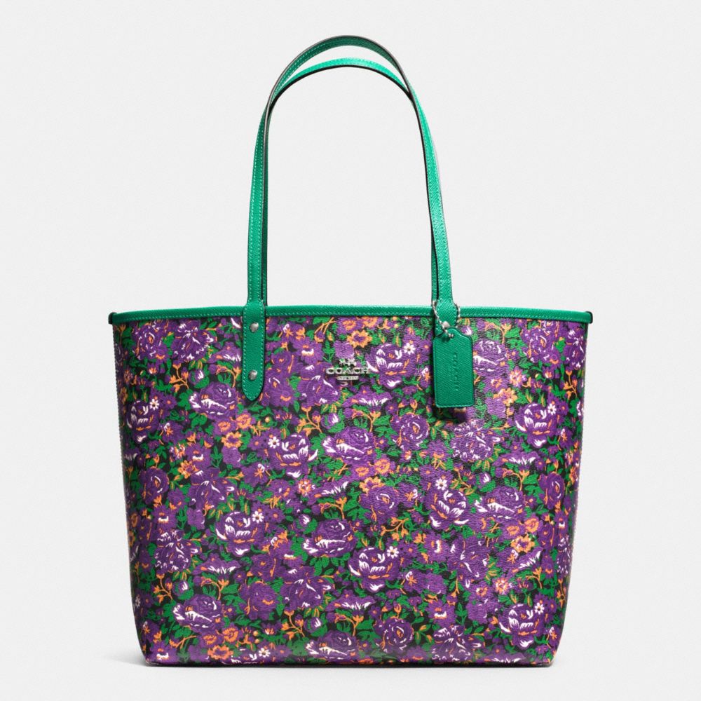 COACH REVERSIBLE CITY TOTE IN ROSE MEADOW PRINT COATED CANVAS - SILVER/VIOLET MULTI BLACK - F57667