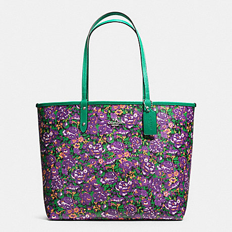COACH REVERSIBLE CITY TOTE IN ROSE MEADOW PRINT COATED CANVAS - SILVER/VIOLET MULTI BLACK - f57667