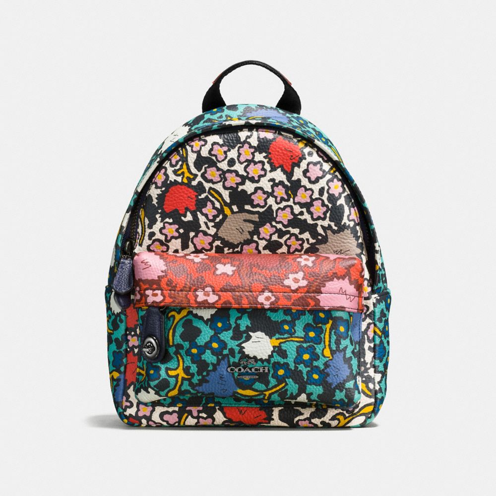 COACH F57702 Mini Campus Backpack With Multi Floral Print TEAL YANKEE FLORAL MULTI/DARK GUNMETAL