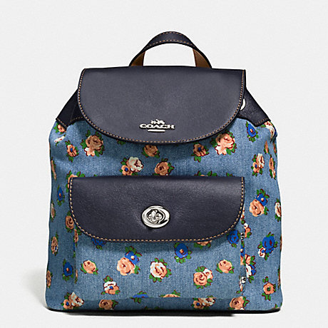 COACH F57754 MINI BILLIE BACKPACK IN PRINTED DENIM AND LEATHER SILVER/DENIM-MULTI