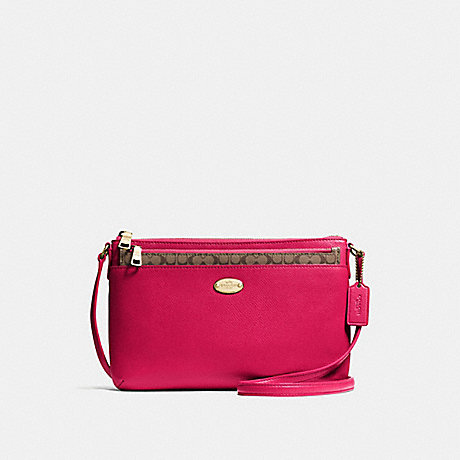COACH EAST/WEST CROSSBODY WITH POP-UP POUCH IN CROSSGRAIN LEATHER - IMITATION GOLD/BRIGHT PINK - f57788