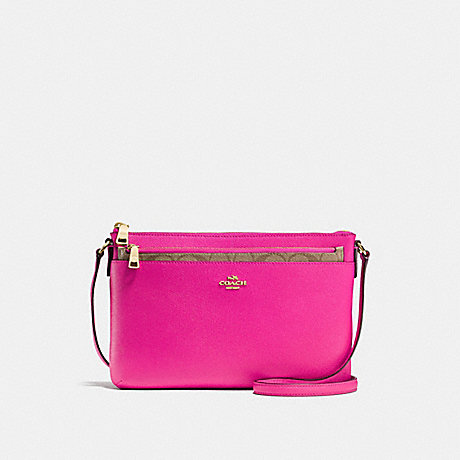 COACH f57788 EAST/WEST CROSSBODY WITH POP-UP POUCH IN CROSSGRAIN LEATHER IMITATION GOLD/BRIGHT FUCHSIA