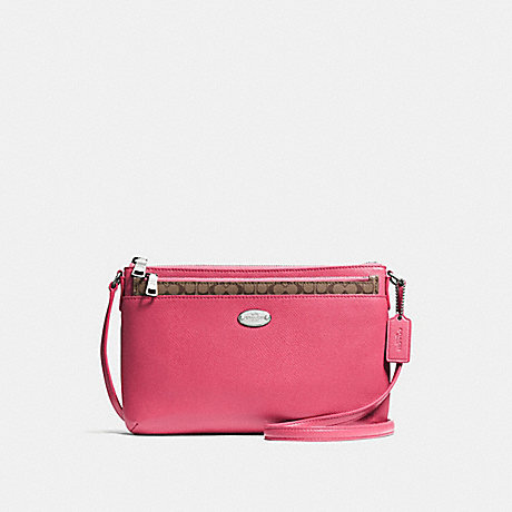 COACH F57788 EAST/WEST CROSSBODY WITH POP UP POUCH IN CROSSGRAIN LEATHER SILVER/STRAWBERRY