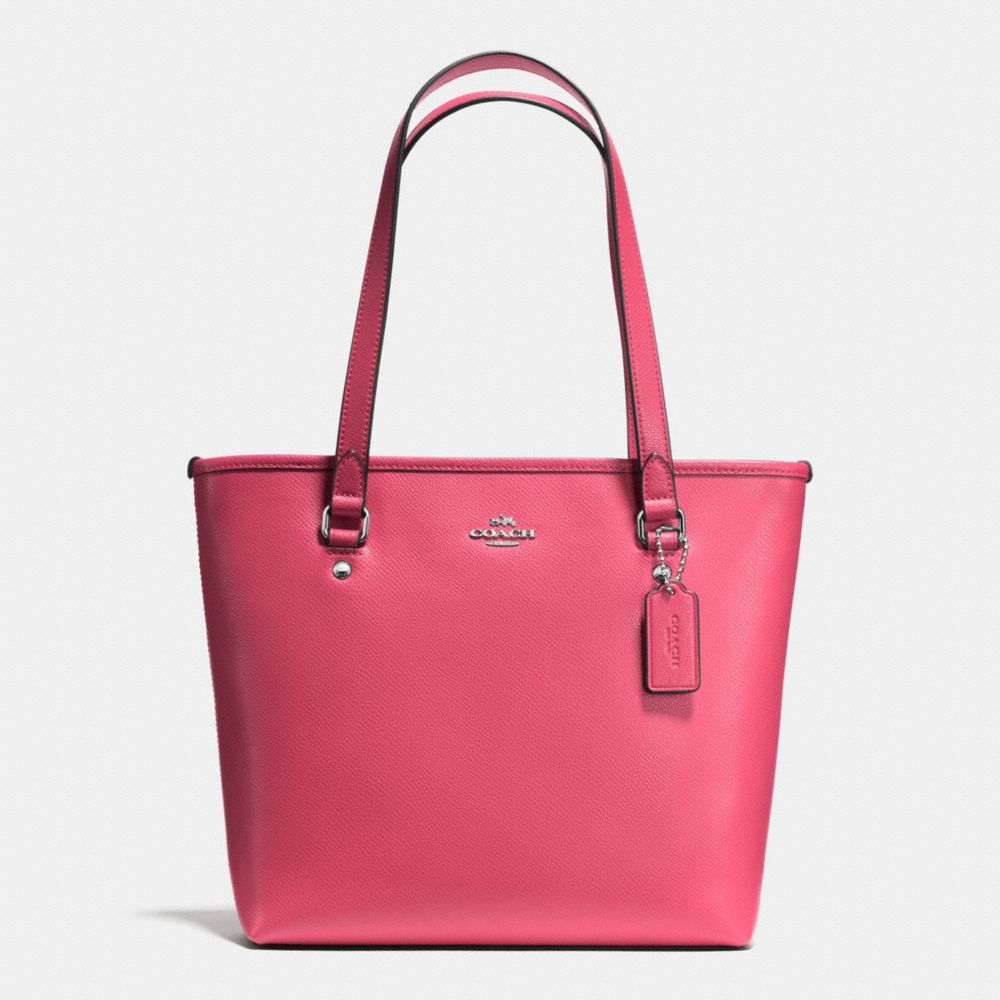 ZIP TOP TOTE IN CROSSGRAIN LEATHER AND COATED CANVAS - SILVER/STRAWBERRY - COACH F57789