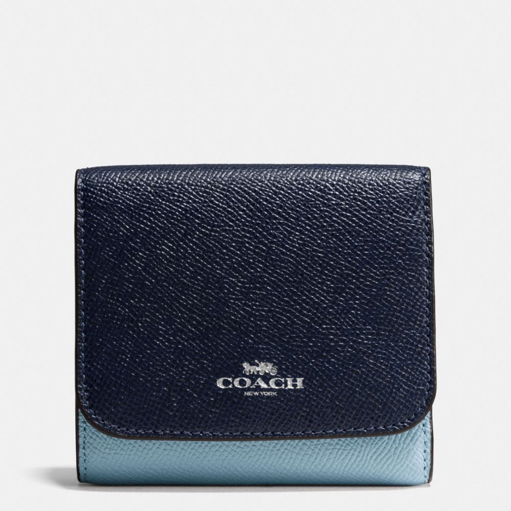 COACH f57825 SMALL WALLET IN GEOMETRIC COLORBLOCK CROSSGRAIN LEATHER SILVER/MIDNIGHT BLUE MULTI