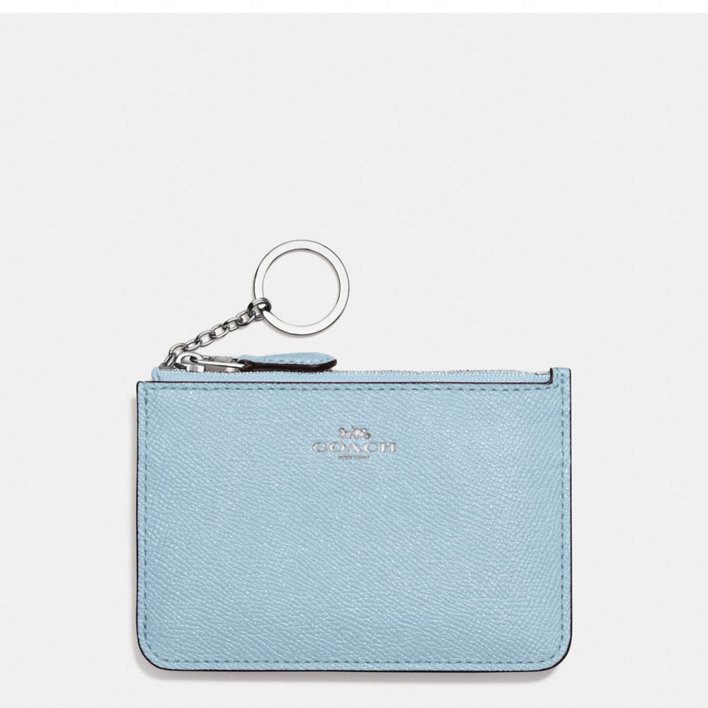 COACH f57854 KEY POUCH WITH GUSSET IN CROSSGRAIN LEATHER SILVER/CORNFLOWER