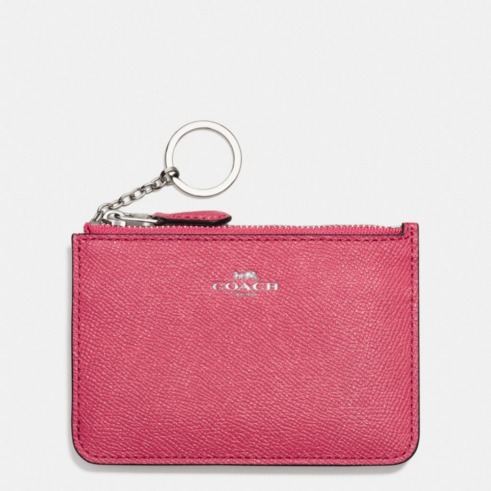 COACH F57854 KEY POUCH WITH GUSSET IN CROSSGRAIN LEATHER SILVER/STRAWBERRY