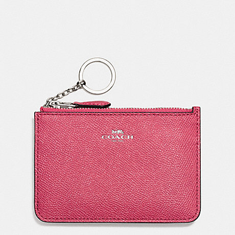 COACH F57854 KEY POUCH WITH GUSSET IN CROSSGRAIN LEATHER SILVER/STRAWBERRY