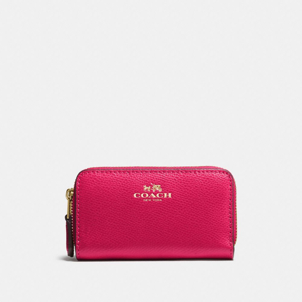 COACH F57855 Small Double Zip Coin Case In Crossgrain Leather IMITATION GOLD/BRIGHT PINK