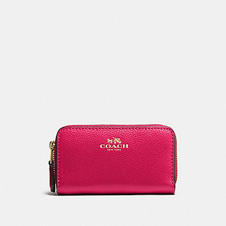 COACH f57855 SMALL DOUBLE ZIP COIN CASE IN CROSSGRAIN LEATHER IMITATION GOLD/BRIGHT PINK