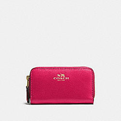 COACH F57855 Small Double Zip Coin Case In Crossgrain Leather IMITATION GOLD/BRIGHT PINK