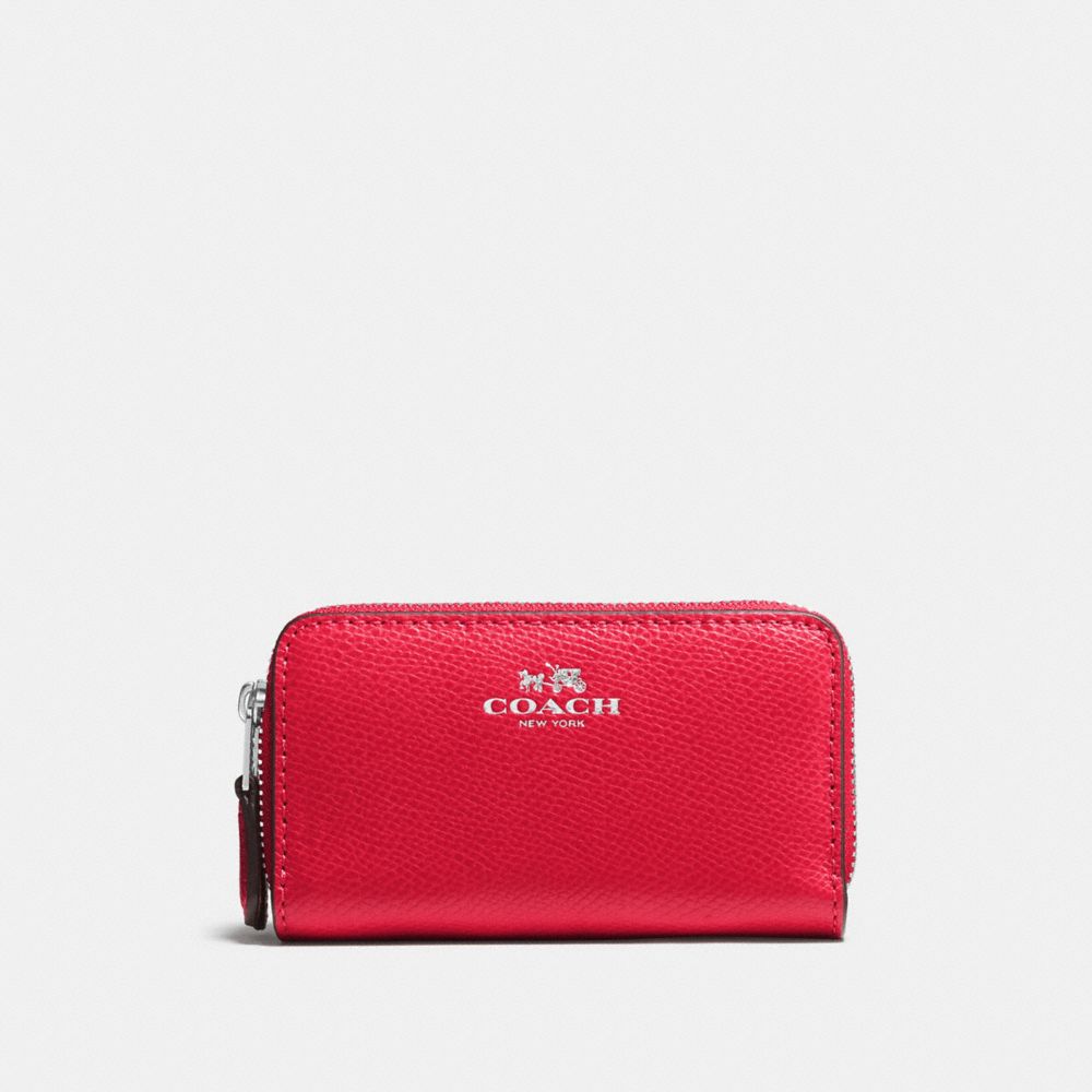 COACH SMALL DOUBLE ZIP COIN CASE IN CROSSGRAIN LEATHER - SILVER/BRIGHT RED - F57855