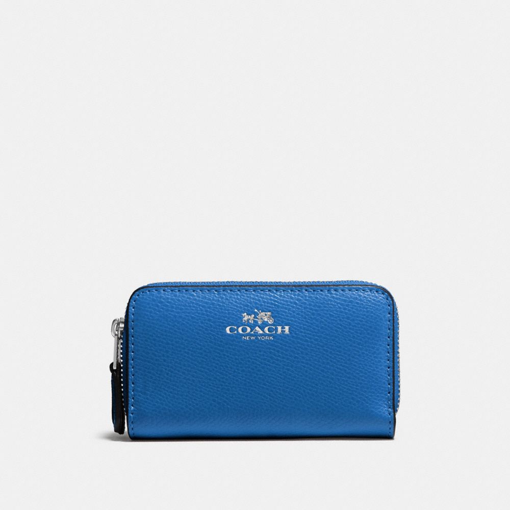 SMALL DOUBLE ZIP COIN CASE IN CROSSGRAIN LEATHER - SILVER/LAPIS - COACH F57855