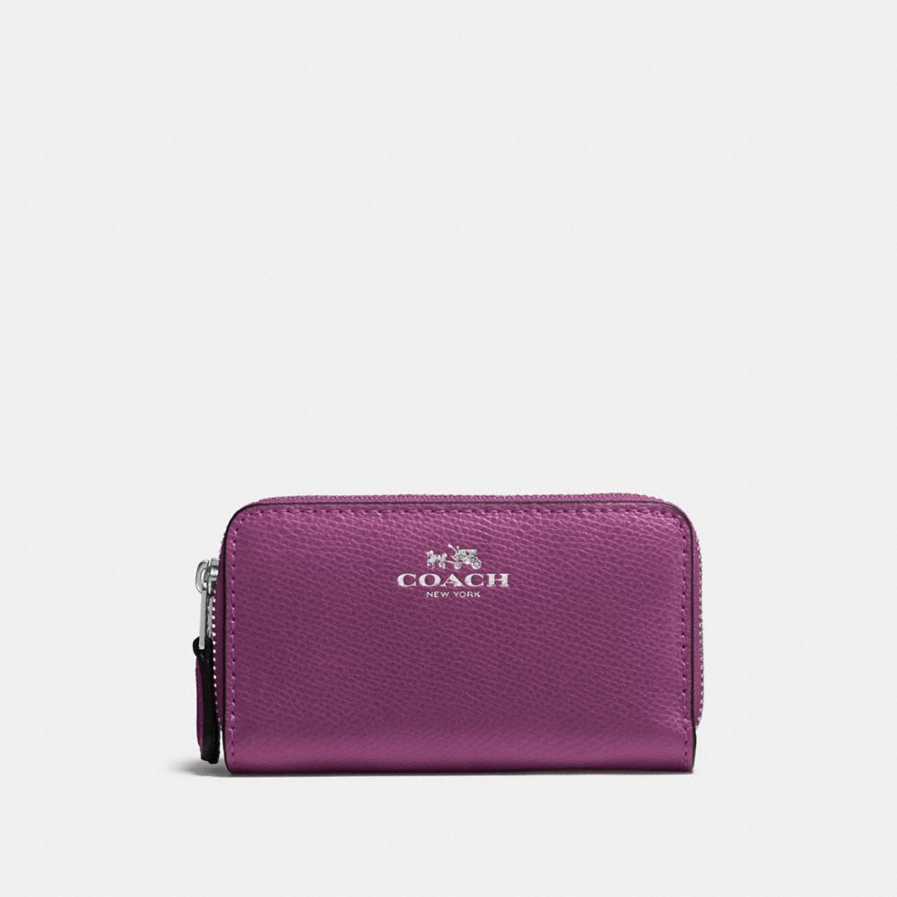 SMALL DOUBLE ZIP COIN CASE IN CROSSGRAIN LEATHER - SILVER/MAUVE - COACH F57855