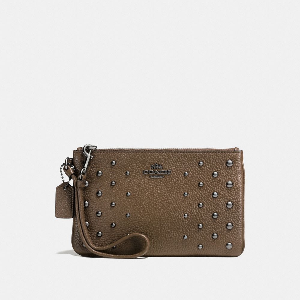 COACH F57862 Small Wristlet In Polished Pebble Leather With Ombre Rivets DARK GUNMETAL/FATIGUE
